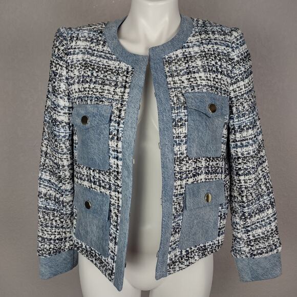 Alice + Olivia Avis Blue Tweed Denim Jean Combo Patch jacket Size Medium - Picture 16 of 16